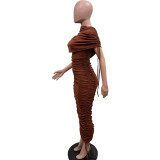 Women Solid Pleated Drawstring Zip Irregular Dress