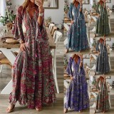 Women Boho Bell Bottom Sleeve Printed V Neck Holidays Maxi Dress