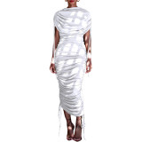 Women Solid Pleated Drawstring Zip Irregular Dress