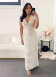 Women Casual Turndown Collar V-neck Ribbed Knitting Maxi Dress