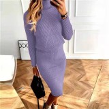 Women turtleneck knitting Solid sweater and Skirt two-piece set