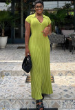 Women Casual Turndown Collar V-neck Ribbed Knitting Maxi Dress