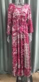 Women Boho Bell Bottom Sleeve Printed V Neck Holidays Maxi Dress