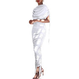 Women Solid Pleated Drawstring Zip Irregular Dress
