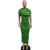 Women Solid Pleated Drawstring Zip Irregular Dress