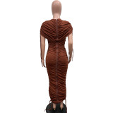 Women Solid Pleated Drawstring Zip Irregular Dress