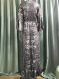 Women Boho Bell Bottom Sleeve Printed V Neck Holidays Maxi Dress