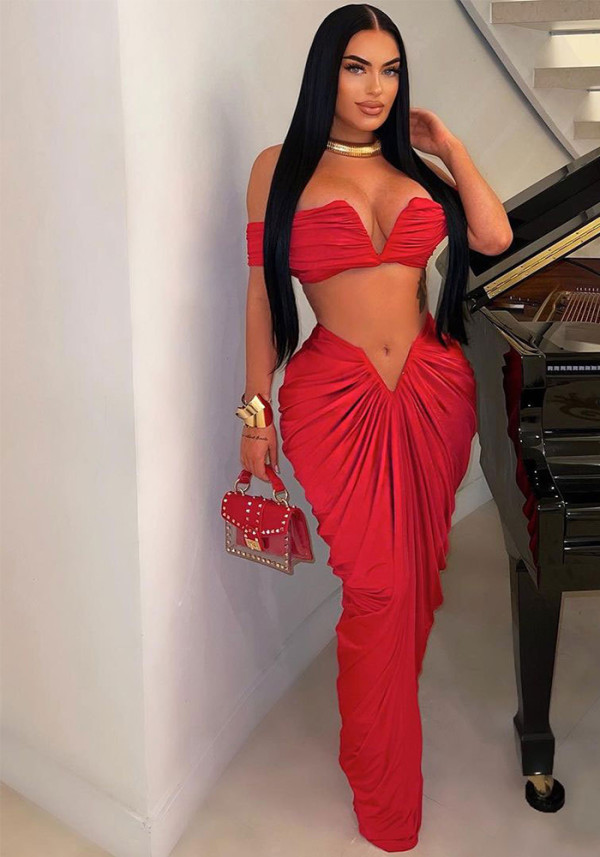 Women Sexy Sleeveless Strapless Crop Top and pleated Skirt two-piece set