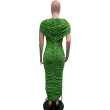 Women Solid Pleated Drawstring Zip Irregular Dress