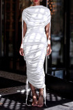 Women Solid Pleated Drawstring Zip Irregular Dress