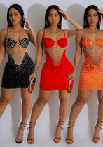 Fashionable women's solid color mesh beaded Straps dress（customized,MOQ 6pcs/size/color,process time 7-10 days）