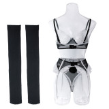 Sexy bra set lacemesh Patchwork nurse outfit sexy lingerie five-piece set