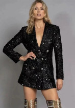 Fashionable V-neck Chic blazer double-breasted black sequin slim long top Fashionable V-neck Chic blazer double-breasted black sequin slim long top