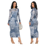 Sexy Women's Slim Denim Graphic Print Bodycon Long Dress