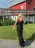 Spring and summer sexy Low Back straps u-neck slim side slit long dress