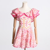 Summer Off Shoulder ruffle embroidered lace Slim Waist Slim Fit Holidays style dress
