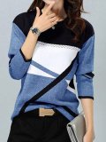 Women's clothing contrasting colors Positioning Print Round Neck long-sleeved T-shirt