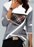 Women's clothing contrasting colors Positioning Print Round Neck long-sleeved T-shirt