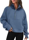 Autumn and Winter Women's Half-Zip Short Stand Collar Plush Solid Color Top