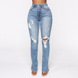 Slit Women's Blue Washed Ripped High Waist Stretch Denim Pants