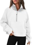 Autumn and Winter Women's Half-Zip Short Stand Collar Plush Solid Color Top