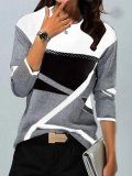 Women's clothing contrasting colors Positioning Print Round Neck long-sleeved T-shirt