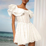 Summer Off Shoulder ruffle embroidered lace Slim Waist Slim Fit Holidays style dress