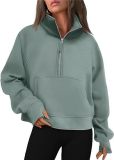 Autumn and Winter Women's Half-Zip Short Stand Collar Plush Solid Color Top