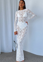 Autumn women's hollow lace pattern See-Through slim long dress