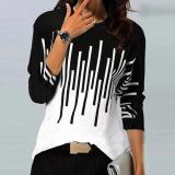 Women's clothing contrasting colors Positioning Print Round Neck long-sleeved T-shirt