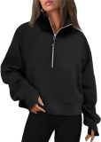Autumn and Winter Women's Half-Zip Short Stand Collar Plush Solid Color Top