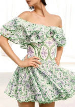 Summer Off Shoulder ruffle embroidered lace Slim Waist Slim Fit Holidays style dress