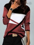 Women's clothing contrasting colors Positioning Print Round Neck long-sleeved T-shirt