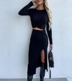 Winter and Spring knitting slit long-sleeved Bodycon skirt set