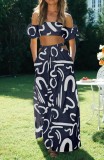Women's Summer Puff Sleeve Top Hollow Long Swing Skirt Two Pieces Set
