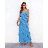 Spring and summer sexy Low Back straps u-neck slim side slit long dress