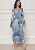 Sexy Women's Slim Denim Graphic Print Bodycon Long Dress Sexy Women's Slim Denim Graphic Print Bodycon Long Dress