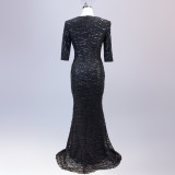 Long Sequin Half Sleeve Plus Size Fat Beauty Mermaid Formal Party Evening Dress