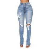 Slit Women's Blue Washed Ripped High Waist Stretch Denim Pants