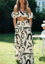 Women's Summer Puff Sleeve Top Hollow Long Swing Skirt Two Pieces Set Women's Summer Puff Sleeve Top Hollow Long Swing Skirt Two Pieces Set