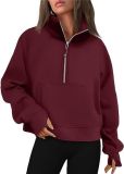 Autumn and Winter Women's Half-Zip Short Stand Collar Plush Solid Color Top