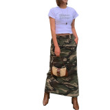 Elastic Waist Women's Spring and Summer Pocket Outdoor Fashion Style Camouflage Washed Skirt