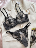 Flower Embroidery See-Through Mesh Sexy Bra and panty lingerie set