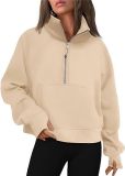 Autumn and Winter Women's Half-Zip Short Stand Collar Plush Solid Color Top