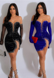 Fashion women's solid color velvet sexy pleated short dress