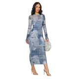 Sexy Women's Slim Denim Graphic Print Bodycon Long Dress