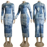Sexy Women's Slim Denim Graphic Print Bodycon Long Dress