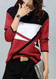 Women's clothing contrasting colors Positioning Print Round Neck long-sleeved T-shirt