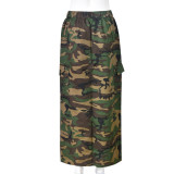 Elastic Waist Women's Spring and Summer Pocket Outdoor Fashion Style Camouflage Washed Skirt
