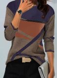 Women's clothing contrasting colors Positioning Print Round Neck long-sleeved T-shirt